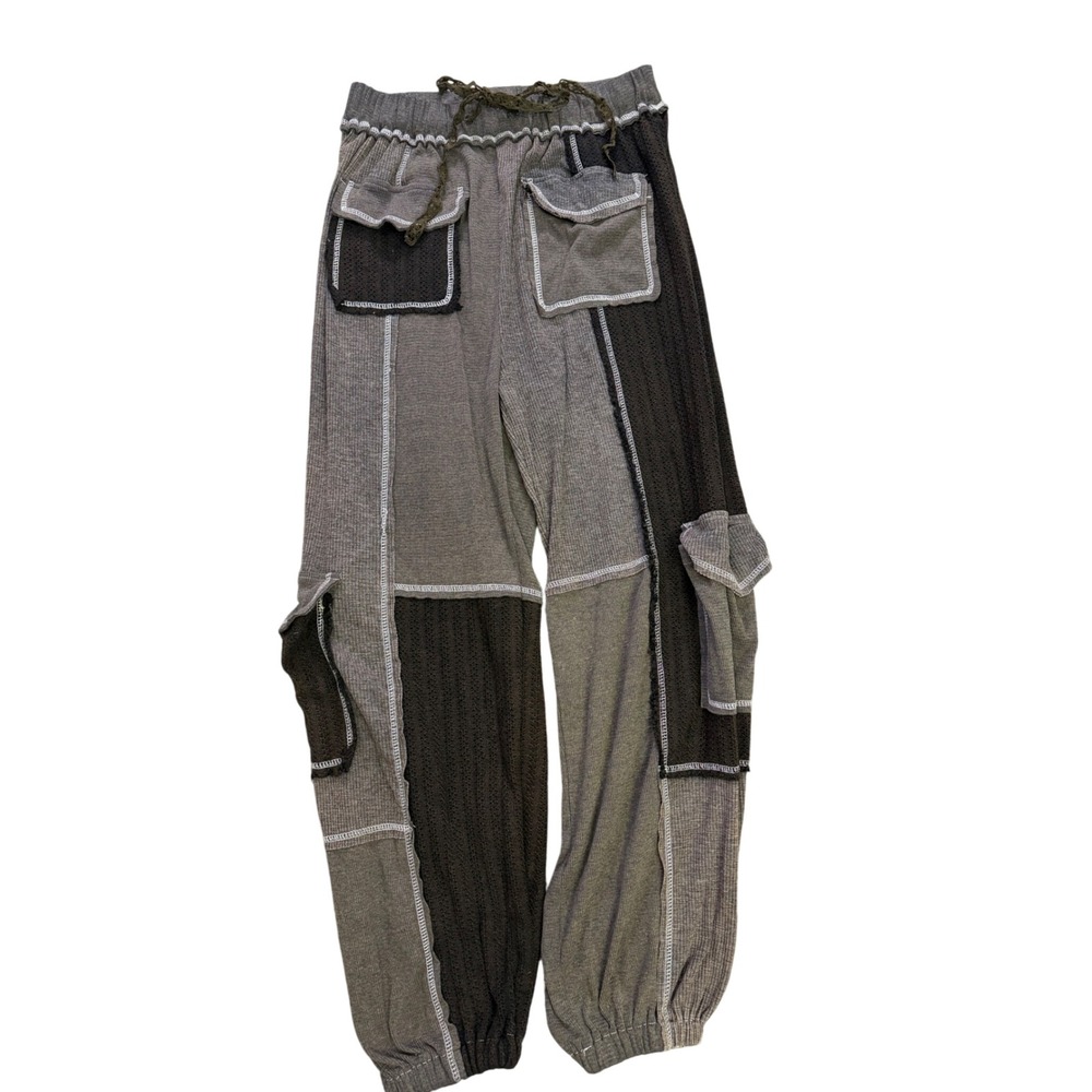 POL Patchwork Waffle Knit Cargo Jogger Pants Brown Grey Mixed Media Women L
